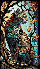 Artistic Beautiful Desginer Handcrafted Stained Glass Artwork of a Wild cat Animal in Art Nouveau Style with Vibrant and Bright Colors, Illuminated from Behind (generative AI)