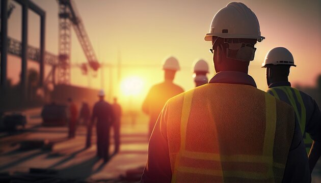 AI Generative Silhouette of engineer and construction team working on site over blurred background sunset pastel.