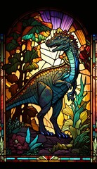 Obraz premium Artistic Beautiful Desginer Handcrafted Stained Glass Artwork of a Dinosaur Animal in Art Nouveau Style with Vibrant and Bright Colors, Illuminated from Behind (generative AI)