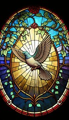 Artistic Beautiful Desginer Handcrafted Stained Glass Artwork of a Dove Animal in Art Nouveau Style with Vibrant and Bright Colors, Illuminated from Behind (generative AI)