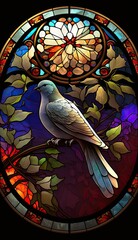 Artistic Beautiful Desginer Handcrafted Stained Glass Artwork of a Dove Animal in Art Nouveau Style with Vibrant and Bright Colors, Illuminated from Behind (generative AI)