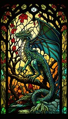 Obraz premium Artistic Beautiful Desginer Handcrafted Stained Glass Artwork of a Dragon Animal in Art Nouveau Style with Vibrant and Bright Colors, Illuminated from Behind (generative AI)