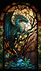Artistic Beautiful Desginer Handcrafted Stained Glass Artwork of a Dragon Animal in Art Nouveau Style with Vibrant and Bright Colors, Illuminated from Behind (generative AI)