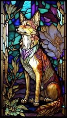 Artistic Beautiful Desginer Handcrafted Stained Glass Artwork of a Jackal Animal in Art Nouveau Style with Vibrant and Bright Colors, Illuminated from Behind (generative AI)