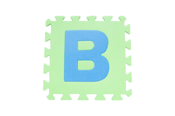 ฺJigsaw English English uppercase "B" alphabet foam plastic Isolated on cutout PNG. Jigsaw box with character. Colorful foam alphabet puzzle pieces. English used in learning education for children.	