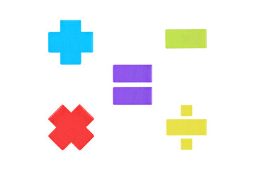 Sign of Equal sign, Plus, Minus, Multiply, divide Colorful basic mathematical symbols made of wood...