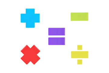 Sign of Equal sign, Plus, Minus, Multiply, divide Colorful basic mathematical symbols made of wood small, used for mathematic, education, background, school concept. Isolated on cutout PNG.	