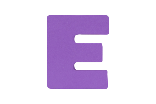 English alphabet letter uppercase "E" Isolated on cutout PNG. Wooden jigsaw dark purple tangram puzzle as shape "A". English. it is universal language used in learning education for children.	