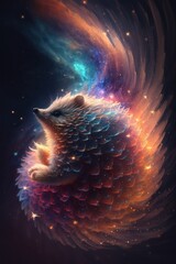 Naklejka premium Beautiful Artistic Spiraling Galaxies and Iridescent Nebulae in Intricate Detail, Forming the Shape of a Hedgehog in Space (generative AI)