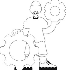 Man grasps gears in hands, linear style vector illustration.