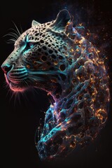 Naklejka premium Beautiful Artistic Spiraling Galaxies and Iridescent Nebulae in Intricate Detail, Forming the Shape of a Jaguar in Space (generative AI)