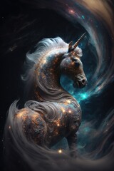 Fototapeta na wymiar Beautiful Artistic Spiraling Galaxies and Iridescent Nebulae in Intricate Detail, Forming the Shape of a Unicorn in Space (generative AI)