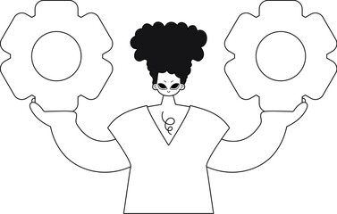 He clutches cogs in his palms. Line artwork. Vector illustration.