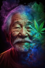 Cannabis 420 Culture: A Beautiful Artistic Designer Portrait of Asian Elderly Man Adventuring Happily with Weed Marijuana with Colorful Psychedelic Smoke Background (generative AI