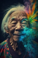 Cannabis 420 Culture: A Beautiful Artistic Designer Portrait of Asian Elderly Men and Women Adventuring Happily with Weed Marijuana with Colorful Psychedelic Smoke Background (generative AI