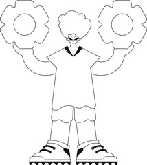 Man holds gears in hands, linear vector illustration.