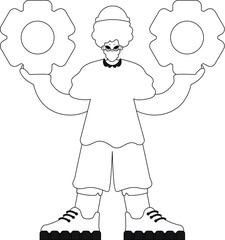Man holds gears in hands. Linear vector illustration.