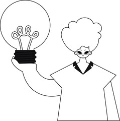 He holds a light bulb, symbolizing a burst of ideas. Linear vector illustration.