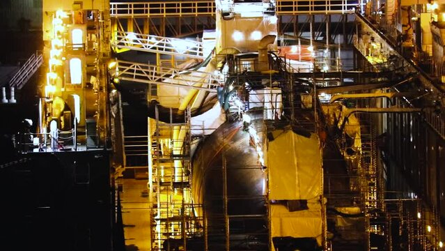 Submarine construction at night in san Diego