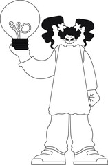 Girl holds light bulb concept of ideas depicted in linear vector illustration.