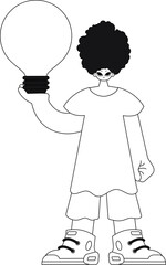 Man holds a light bulb, representing ideas. Linear style vector illustration.