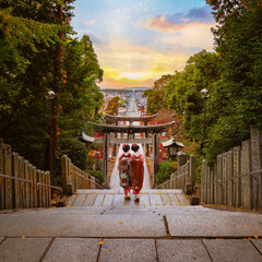 Fukuoka, Japan - Nov 21 2022: Miyajidake Shrine is primarily dedicated to Empress Jingu, home to five-ton sacred straw rope and attracts over 2 million worshippers a year