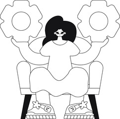 Girl holds gears in hands linear vector illustration.