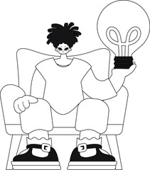 He holds a light bulb, representing ideas, in a linear design. Vector illustration.