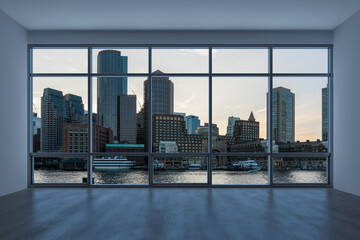 Fototapeta na wymiar Panoramic picturesque city view of Boston at sunset from modern empty room interior, Massachusetts. An intellectual, technological and political center. 3d rendering.