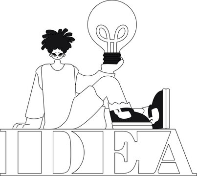 Man holds a lightbulb, signifying ideas; linear vector illustration.