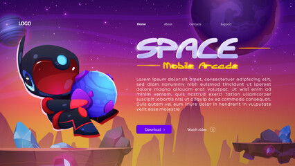 Astronaut in space on alien planet landscape, mobile arcade landing page. Cosmos background with flying cute cosmonaut in black spacesuit and helmet holding globe, vector cartoon illustration