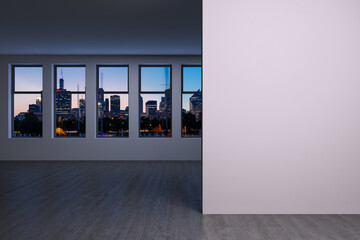 Downtown Chicago City Skyline Buildings Window background. Copy space white wall. Empty room Interior Skyscrapers View. Mockup concept. Night. 3d rendering.