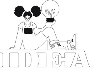 Girl holds a light bulb, showing concept of ideas. Illustration in linear style. Vector.