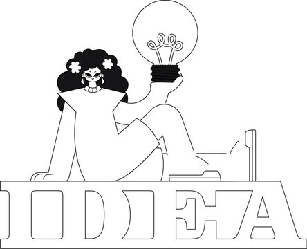 Girl holds light bulb, concept of ideaslinear style vector illustration.