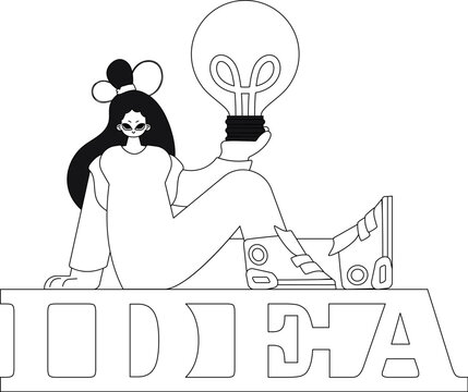 Girl holds a lightbulb demonstrating the concept of ideas in a linear vector illustration.