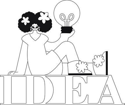 The girl holds an idea symbolized by a light bulb. Linear illustration showcases the concept.