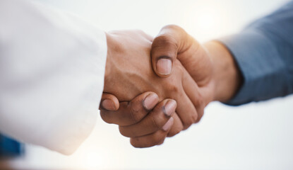 Health, closeup and handshake for partnership, motivation and success with agreement, collaboration...