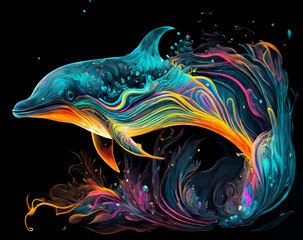 Abstract Fantasy Surreal Neon Dolphin, AI Generated Art