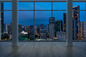 Fototapeta premium Empty room Interior Skyscrapers View Malaysia. Downtown Kuala Lumpur City Skyline Buildings from High Rise Window. Beautiful Expensive Real Estate overlooking. Night time. 3d rendering.