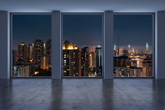 Empty room Interior Skyscrapers View Malaysia. Downtown Kuala Lumpur City Skyline Buildings from High Rise Window. Beautiful Expensive Real Estate overlooking. Night time. 3d rendering.