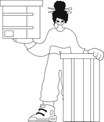 Girl holds box in hands. Parcel delivery. Linear style, vector illustration.