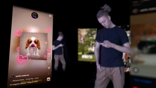 Teen scrolling dog videos social media cinematic animation