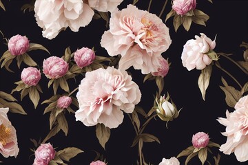 Obraz na płótnie Canvas Vintage flower bouquet with roses and peony on dark background. Luxury floral wallpaper in retro style. Botany fine art design. Generative AI