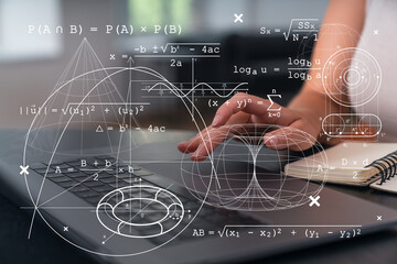 Woman typing on laptop at office workplace in background. Concept of working process, internet...