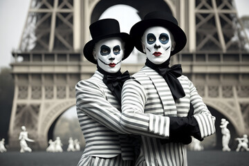 Two black and white french mimes being playful and funny in Paris, France near the Eiffel Tower, dancing and making funny faces - obrazy, fototapety, plakaty