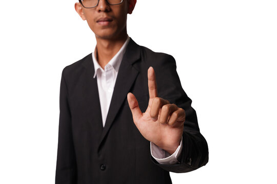 Happy businessman in pointing finger away over white background
