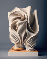 Embroidered draperies of spun texture. Podium, empty showcase for packaging product presentation, AI generation.
