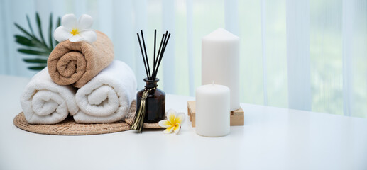 Spa accessory composition set in day spa hotel , beauty wellness center . Spa product are placed in...