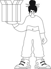 Girl carries box; delivery service depicted in linear, vector illustration.