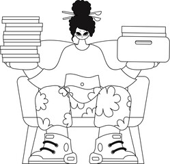 Girl carrying armfuls of documents. Lineart vector illustration.